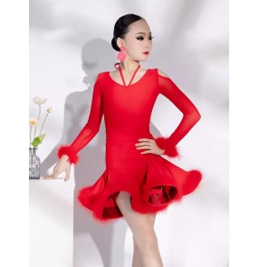 Girls kids red black feather ballroom latin dance dresses for kids children salsa rumba latin stage performance outfits for kids